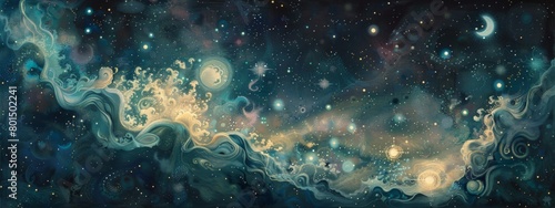 A meticulously rendered pastel drawing of a celestial landscape filled with swirling galaxies and glowing stars. photo