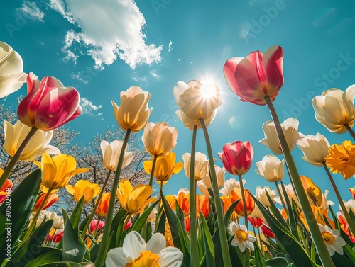 Vibrant flower garden full of tulips and daffodils under a sunny sky