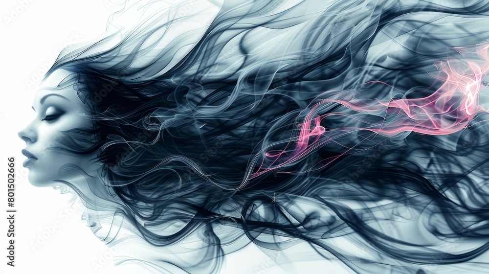 A woman's hair flows in the wind, adorned with red and pink streaks on the sides of her face and back of her head A woman's hair flows in the wind, adorned with red and pink streaks on the sides of her face and back of her head