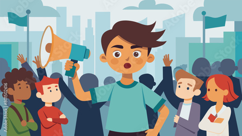 On a city street a young boy confidently speaks into a megaphone while a crowd of his peers hold up signs and listen intently eager to join in on the. Vector illustration