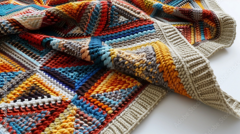 Detailed knitted rug showcasing rich texture and vibrant colors, on white. Detailed knitted rug showcasing rich texture and vibrant colors, on white.