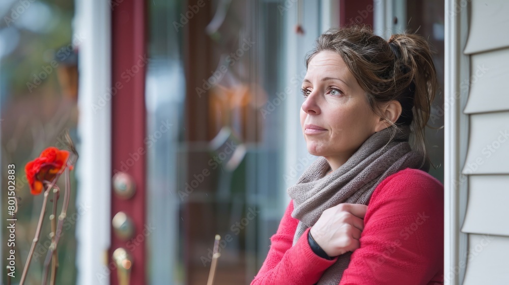A concerned neighbor hearing noises from next door, depicting awareness of domestic issues A concerned neighbor hearing noises from next door, depicting awareness of domestic issues