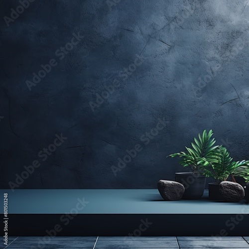 Navy Blue minimalistic abstract empty stone wall mockup background for product presentation. Neutral industrial interior with light, plants