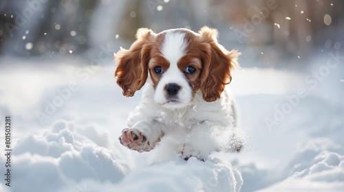 A small brown and white Cavalier King Charles Spanie puppy is running through the snow