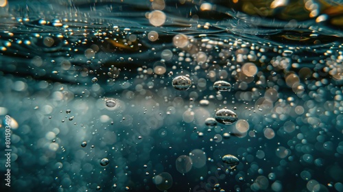 The image is of a body of water with many small bubbles floating on the surface. The bubbles are scattered throughout the water, creating a sense of movement and energy. Scene is one of tranquility