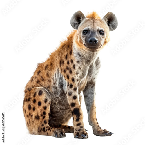 A spotted hyena is sitting isolated on white or transparent background, png clipart, design element. Easy to place on any other background.