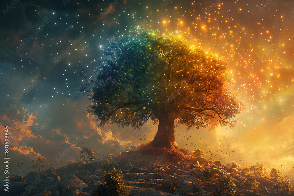 Nature's Harmony: A tranquil scene set amidst nature, where a majestic tree stands tall, its branches adorned with shimmering chakras that blend seamlessly with the surrounding lan Nature's Harmony: A tranquil scene set amidst nature, where a majestic tree stands tall, its branches adorned with shimmering chakras that blend seamlessly with the surrounding lan