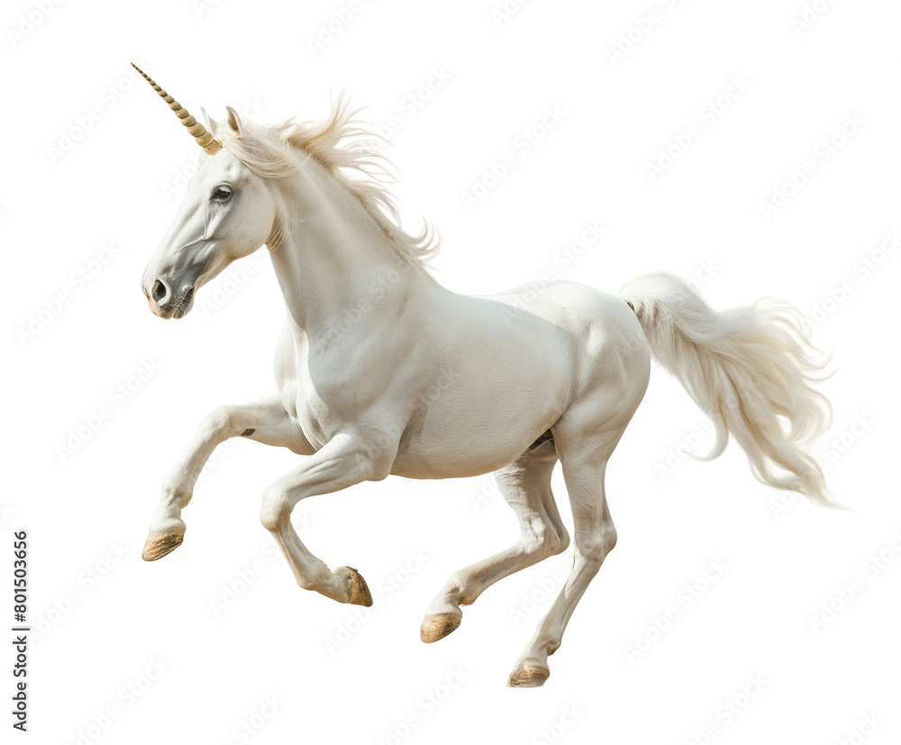 A white unicorn is running in the air, dynamic pose, isolated on white or transparent background, png clipart, design element.