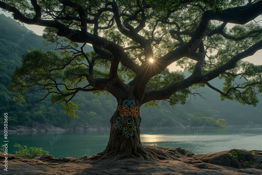 Nature's Harmony: A tranquil scene set amidst nature, where a majestic tree stands tall, its branches adorned with shimmering chakras that blend seamlessly with the surrounding lan