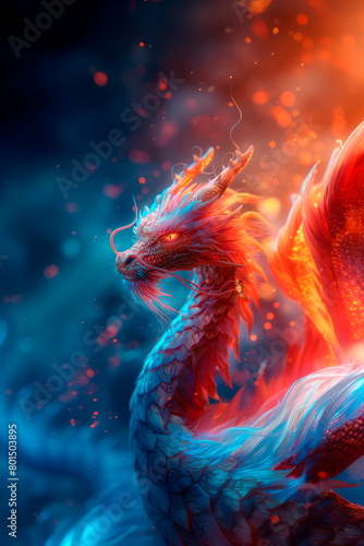 Neon Dragon, fantsy art illustration. AI generative photo