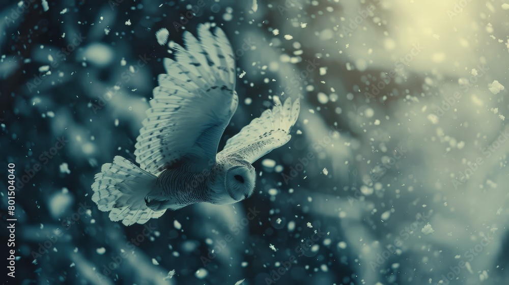   A white owl flies through the winter air, snowflakes dusting its wings In the backdrop stands a tree