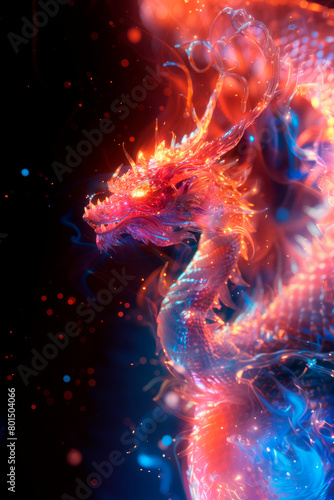 Neon Dragon, fantsy art illustration. AI generative