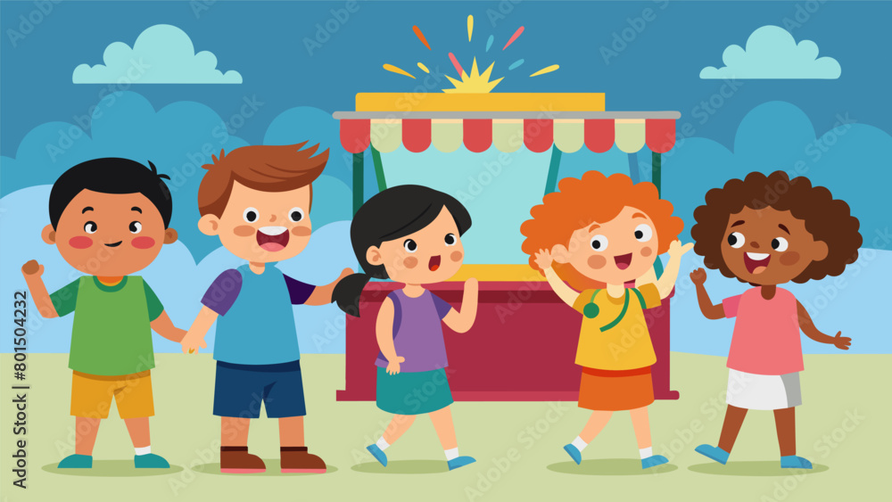 An excited group of kids run up to a festive firework stand their eyes wide with anticipation as they try to decide which ones to choose.. Vector illustration