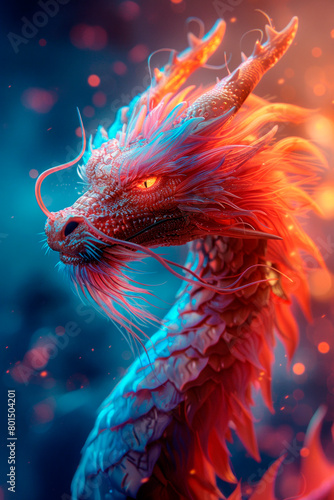 Neon Dragon, fantsy art illustration. AI generative photo