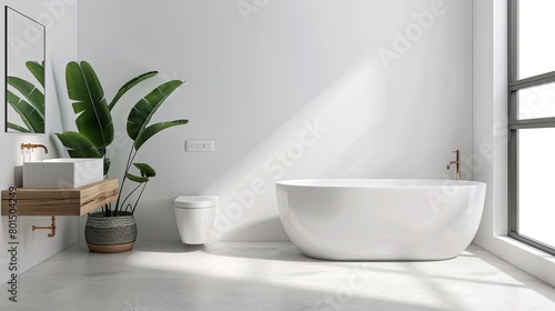 a white bathroom interior featuring a bathtub and toilet  accented with wooden furniture and a window on the wall  bathed in bright daylight.