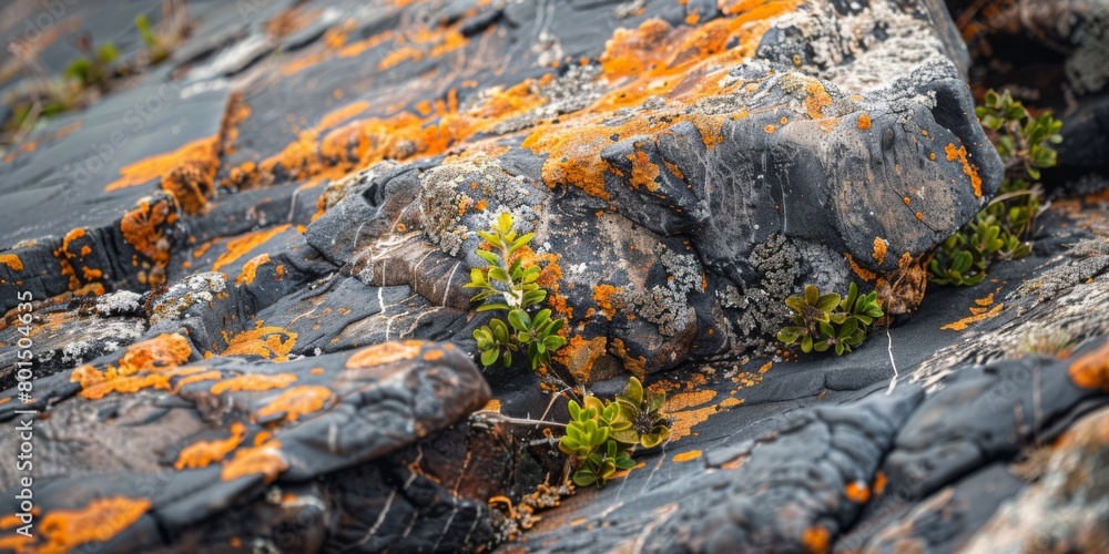 Vibrant Lichen and Succulents Thriving on Rugged Rocky Terrain Vibrant Lichen and Succulents Thriving on Rugged Rocky Terrain