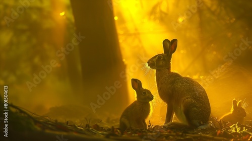 Silhouette of wild mother rabbit with cub in the sunset forest background.