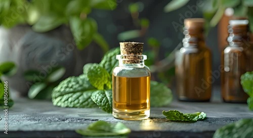 Mint essential oil bottle with mint leaves in glass bottle. Concept mint essential oil, mint leaves, glass bottle, aromatherapy, natural remedy photo