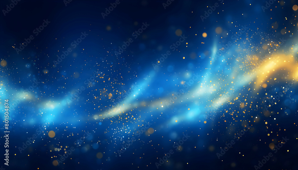 Bright blue and yellow glowing neon abstract background with golden particles