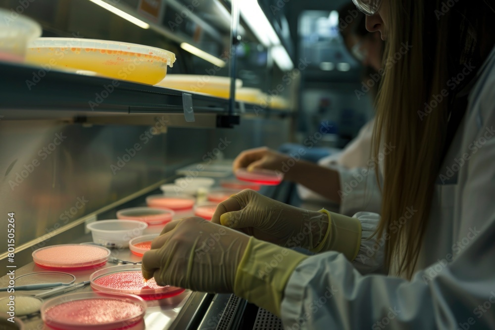 Female Scientist Culturing Bacteria in Petri Dishes in Laboratory ...
