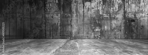 Blackandwhite photo of a concrete room with wooden flooring