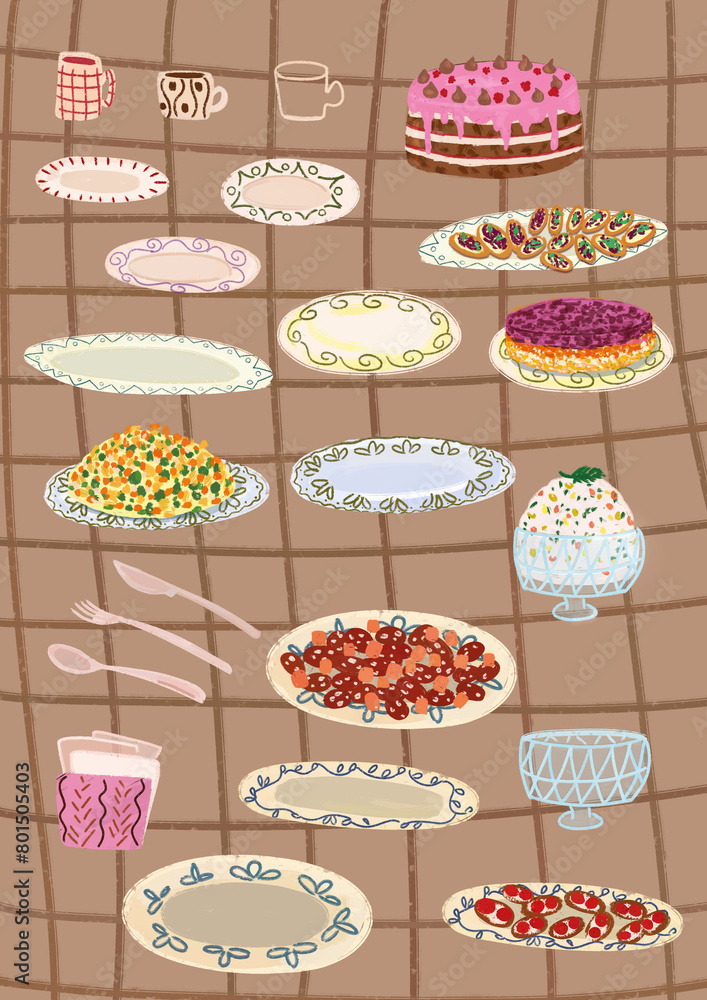 A set of illustrated kitchen elements for creating an individual design. Plates with salad for the holiday, serving and cups. A set of illustrated kitchen elements for creating an individual design. Plates with salad for the holiday, serving and cups.