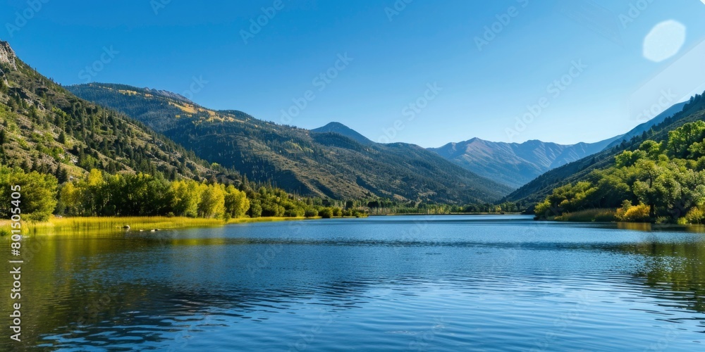 Serene Mountain Lake Landscape Illuminated by Sunlight