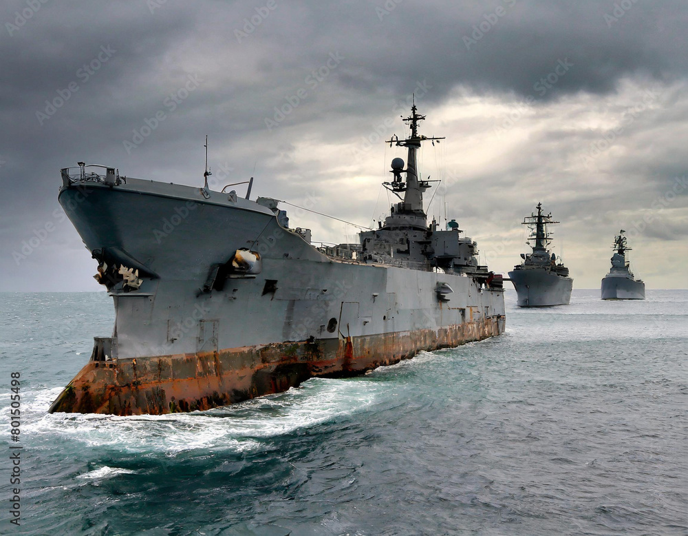 Aging warships at sea with overcast sky creating a somber maritime scene Aging warships at sea with overcast sky creating a somber maritime scene