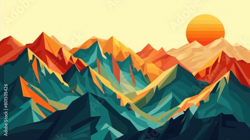 A vibrant painting of a mountain range with the sun shining through the orangetinted mountains, showcasing creative use of tints and shades and triangular shapes AIG50 photo