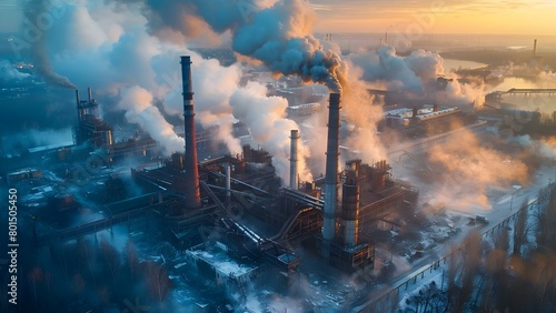 Factory releases thick smoke, causing pollution and destruction of chimneys. Concept Air Pollution, Environmental Destruction, Industrial Waste, Harmful Emissions, Factory Operations