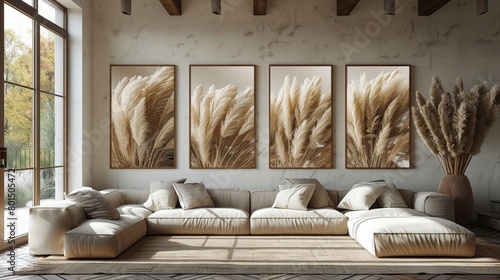 Contemporary prints of dry pampas grass. Bohemian botanical wall art set. Prints of abstract exotic plants. Soft, muted colors. Mid-century modernist aesthetic. photo