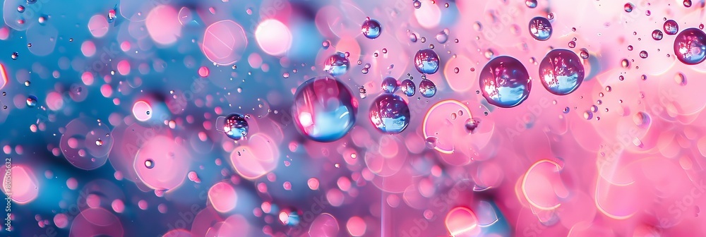 Bubbles of water droplets floating in the air, a pink and blue background, a shiny crystal texture, dreamy, bright, fantasy, light reflection, captured with a wideangle lens, soft lighting, gorgeous c