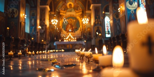 Serene Candlelit Orthodox Cathedral Interior in Soft Focus