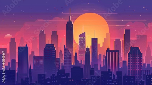 A minimalist line art illustration of a city skyline at dusk.