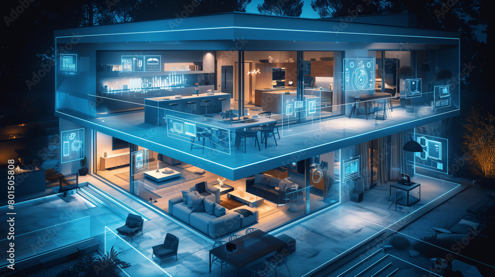 AIpowered smart home interior, showcasing various digital holographic projections representing different room types and their networked communication with the main system through data connections AIpowered smart home interior, showcasing various digital holographic projections representing different room types and their networked communication with the main system through data connections