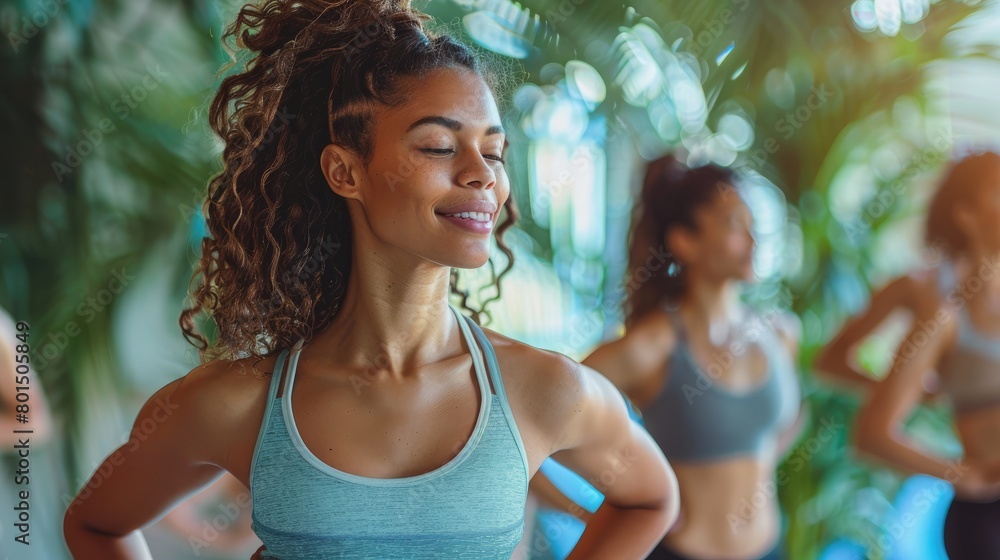 A young woman with curly hair smiles with her eyes closed while doing yoga in a group class.
