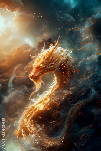 Golden flying dragon, fantasy art. AI generative © LN
