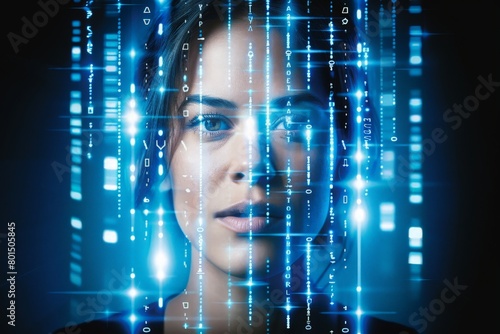 A womans face is surrounded by intricate lines of data  creating a futuristic and artistic representation of technology and connectivity.