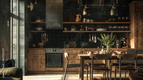 A tastefully decorated kitchen room boasting a chic wooden dining arrangement against a backdrop of a dark classic wall, exuding warmth and hospitality. photo