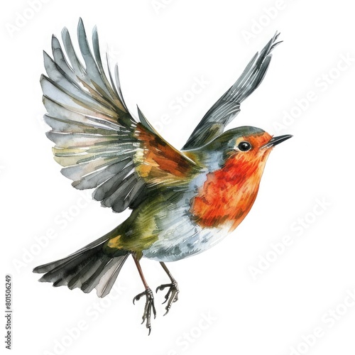 flying robin bird in watercolour on white background