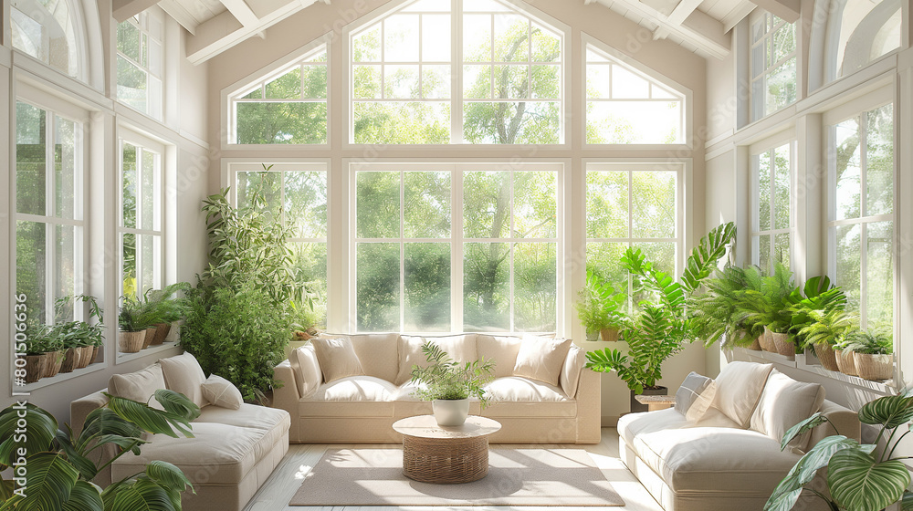 Bright and airy sunroom with floor-to-ceiling windows, filled with lush indoor plants and cozy seating, capturing the tranquility of a sunny retreat