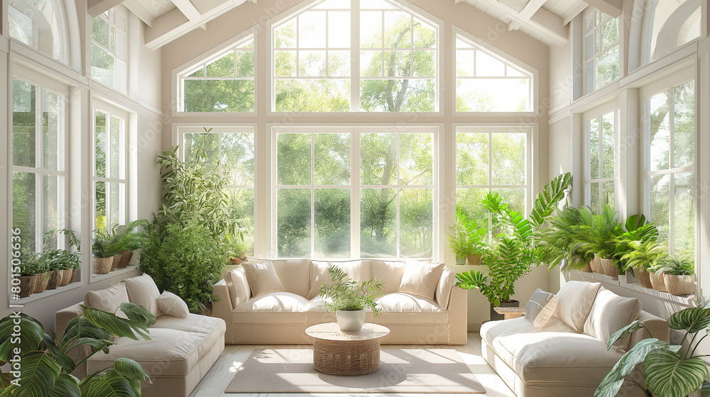 Obraz premium Bright and airy sunroom with floor-to-ceiling windows, filled with lush indoor plants and cozy seating, capturing the tranquility of a sunny retreat