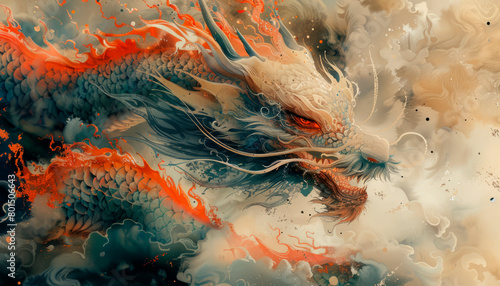 Chinese Dragon graphic illustration, oriental style. AI generative