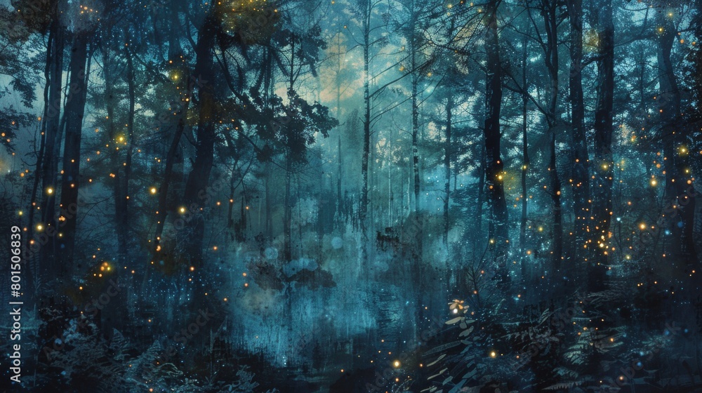 Obraz premium A mixed media artwork combining photography and painting to create a realistic yet fantastical depiction of a forest at twilight, illuminated by fireflies and fairy lights.