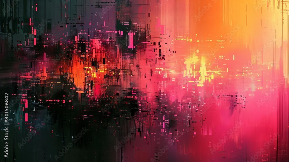 Digital glitch art with distorted pixels and vibrant color blocks colliding