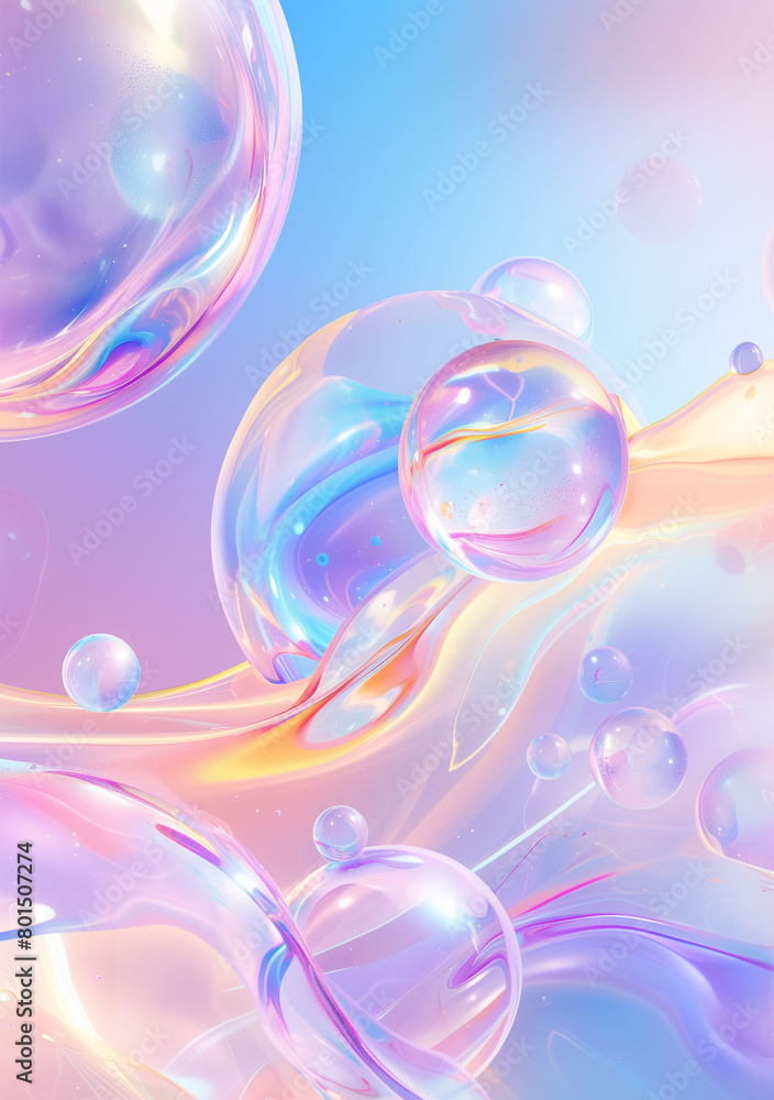 Abstract background with whimsical marble and floating bubbles in soft pastel colors