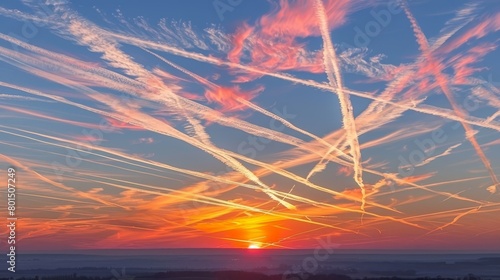   A sunset with sun in the middle, contrails trailing above, and horizon in the backdrop photo