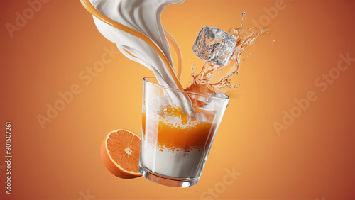 orange juice and milk splashin a glass, summer fresh drink product display photo