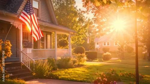 American flag hanging on suburban home porch during sunset photo