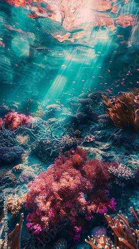 Captivating Underwater Seascape of Vibrant Coral Reef and Marine Life Bathed in Ethereal Sunlight